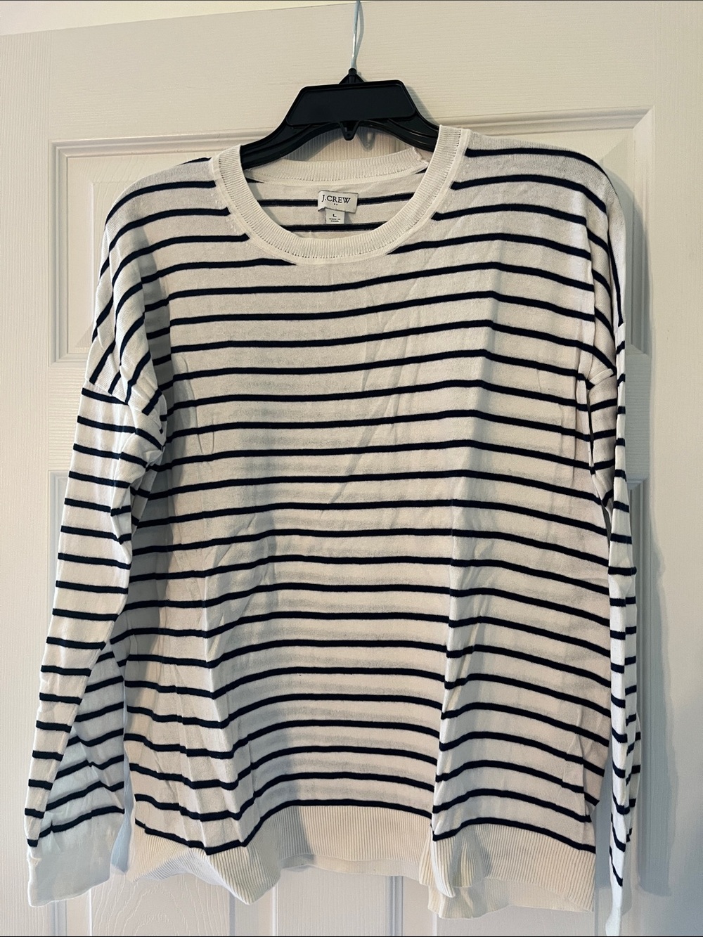 J. Crew White and Navy Striped Crewneck Sweater